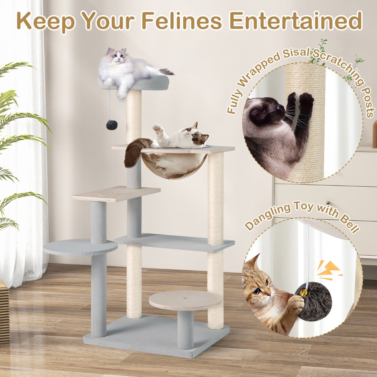 113 cm Multi-level Cat Tower with Removable Padded Top Perch-Natural