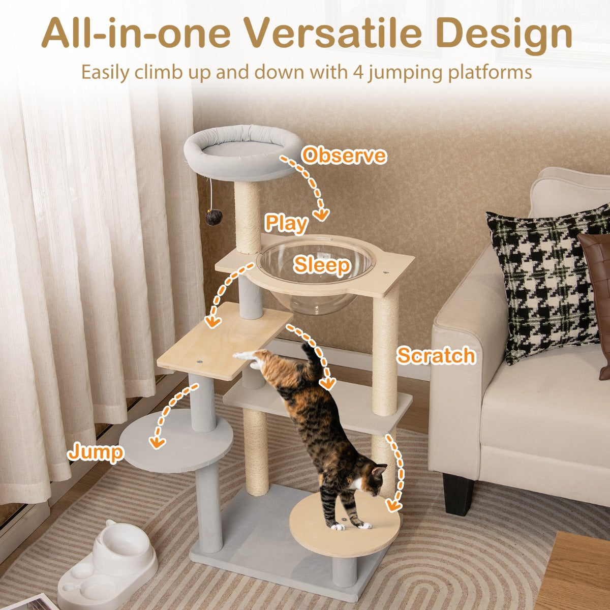113 cm Multi-level Cat Tower with Removable Padded Top Perch-Natural