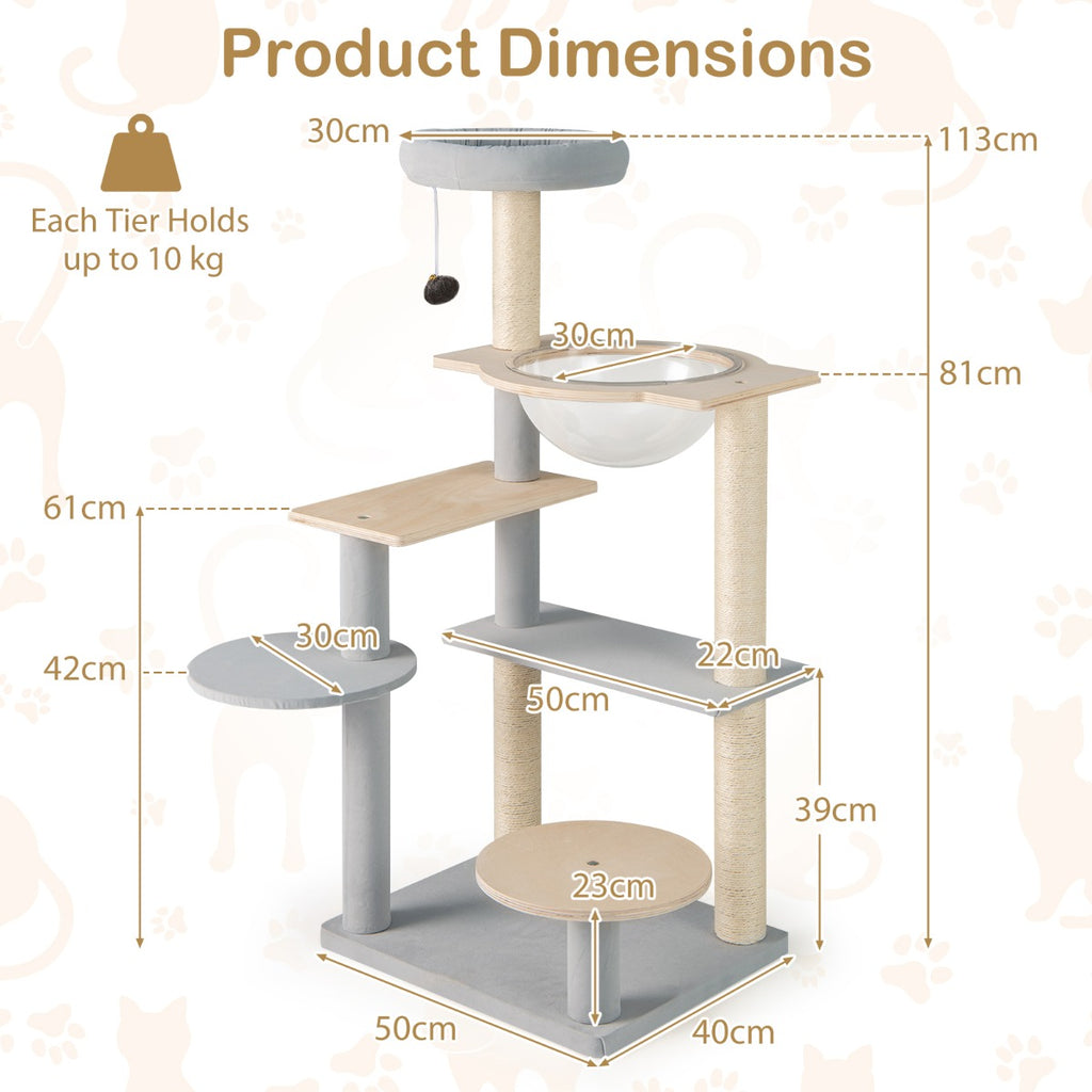 113 cm Multi-level Cat Tower with Removable Padded Top Perch-Natural