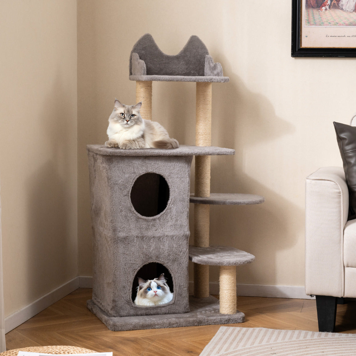 123CM Cat Tree for Indoor Cats  with 2-story Condo-Grey