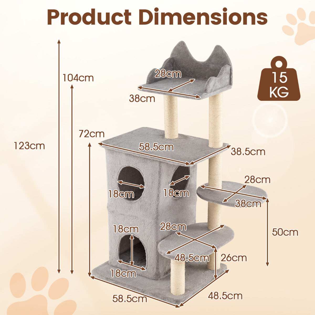 123CM Cat Tree for Indoor Cats  with 2-story Condo-Grey
