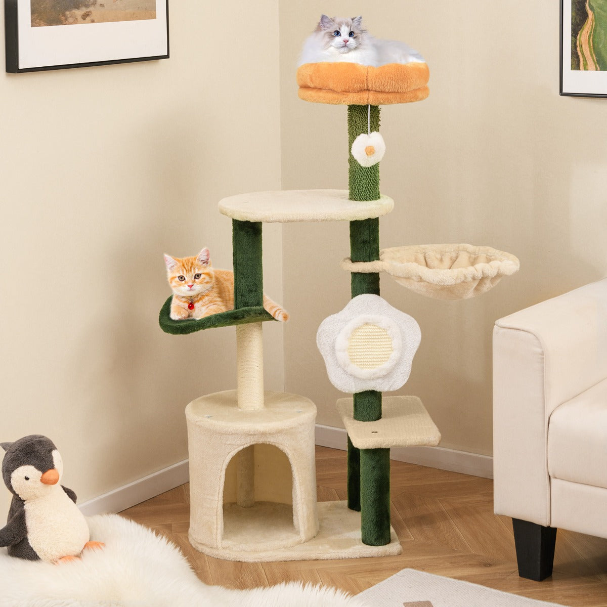 114CM Tall Cute Flower Multi-level Cat Tree with Sisal Post and Pad-Multicolor