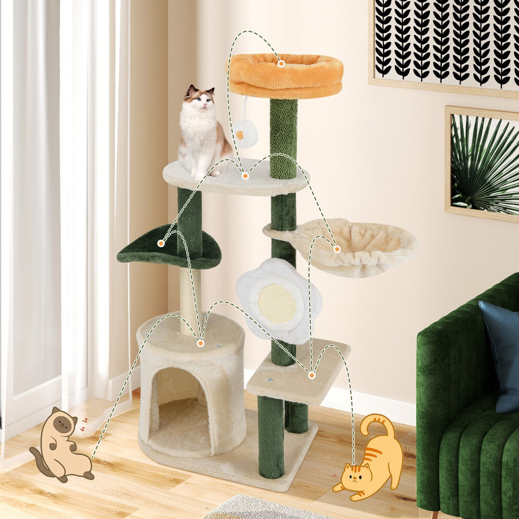 114CM Tall Cute Flower Multi-level Cat Tree with Sisal Post and Pad-Multicolor