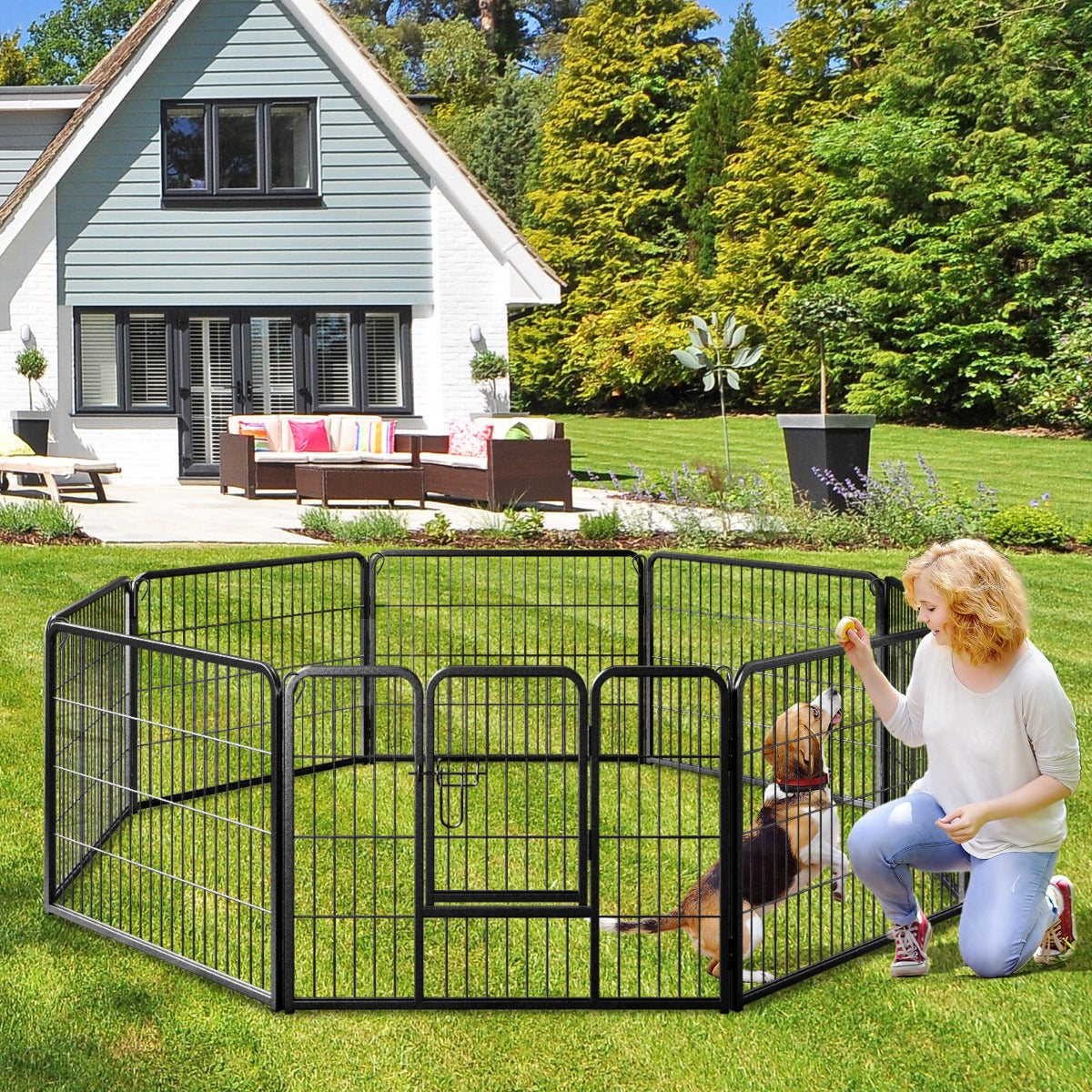 8 Panel 60cm/80cm Height Pen Fence with Lock and Large Door-Black-60 cm