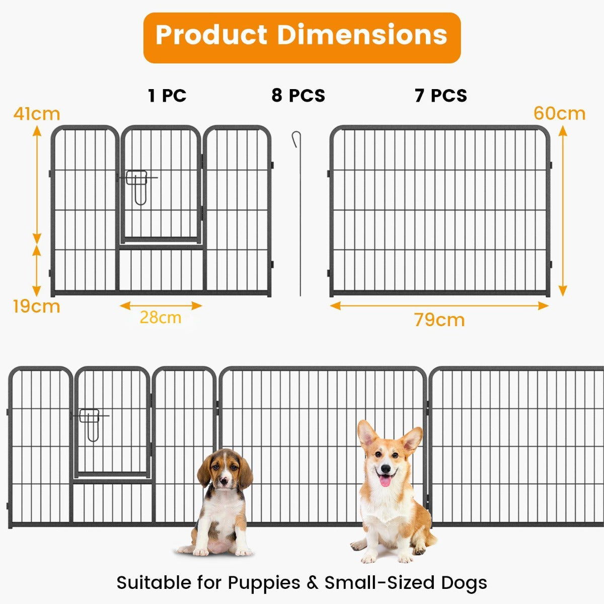 8 Panel 60cm/80cm Height Pen Fence with Lock and Large Door-Black-60 cm