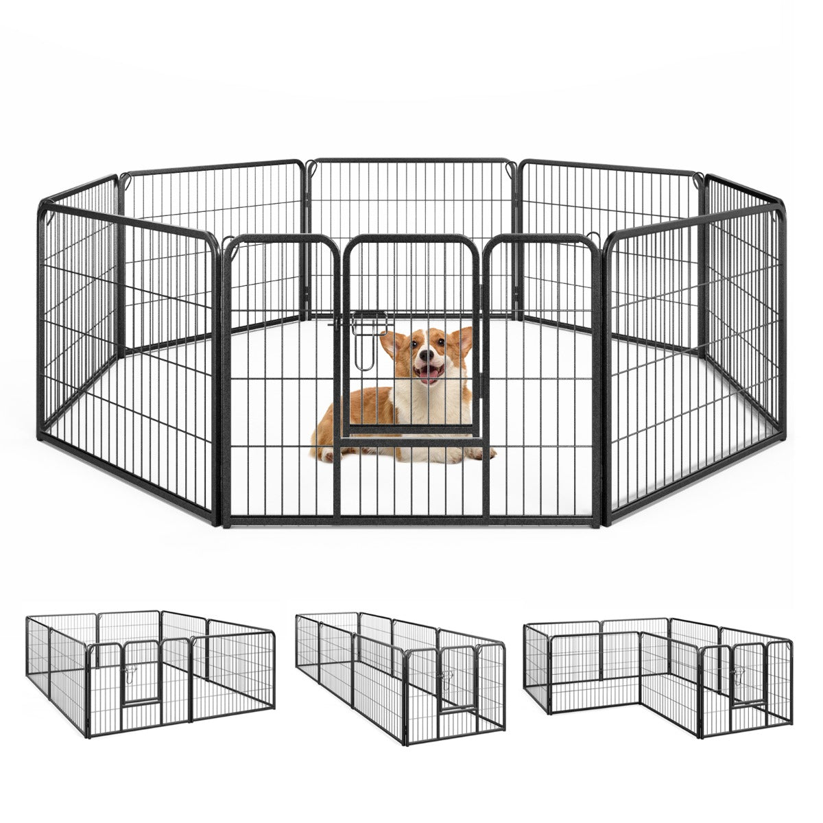 8 Panel 60cm/80cm Height Pen Fence with Lock and Large Door-Black-60 cm