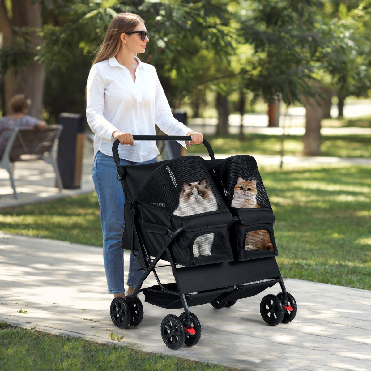 Double Pet Stroller Foldable Twin Dog Walk Jogger with 2-seater Carrier-Black