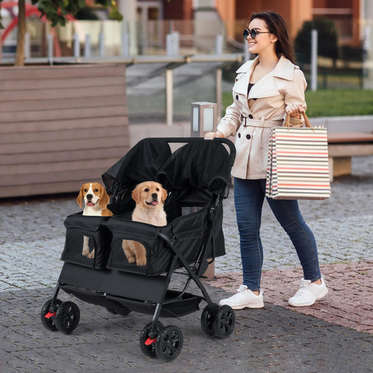 Double Pet Stroller Foldable Twin Dog Walk Jogger with 2-seater Carrier-Black