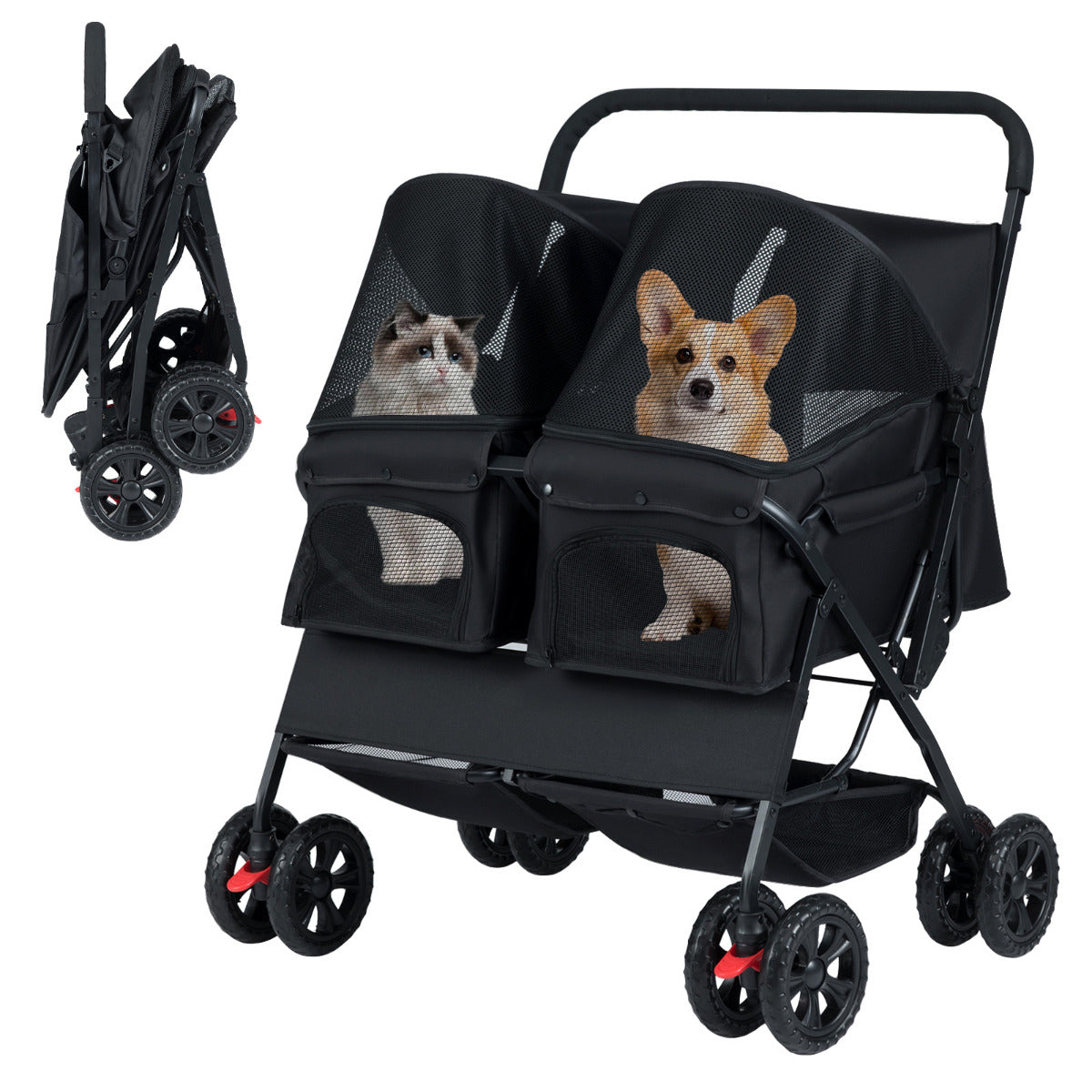 Double Pet Stroller Foldable Twin Dog Walk Jogger with 2-seater Carrier-Black