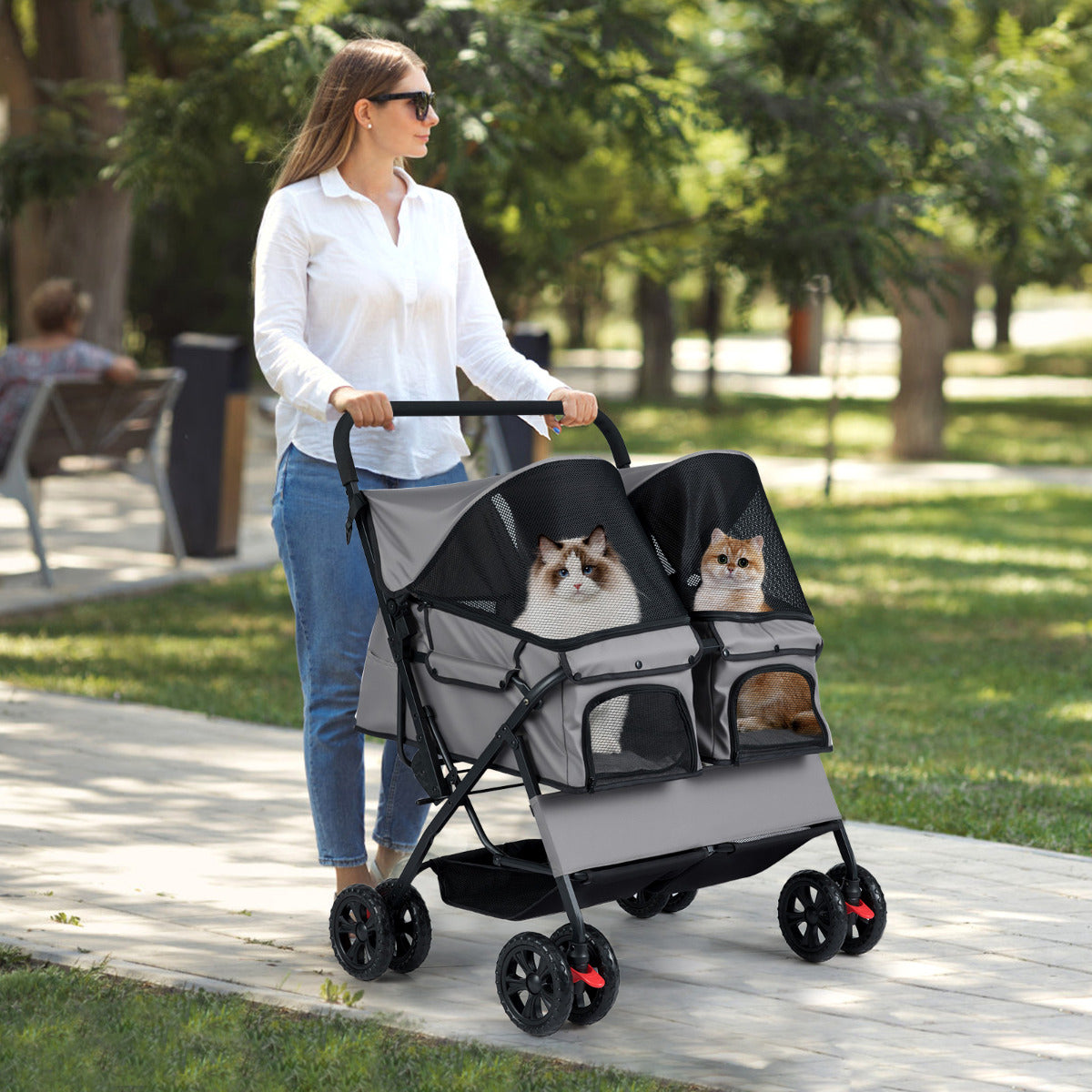 Double Pet Stroller Foldable Twin Dog Walk Jogger with 2-seater Carrier-Grey