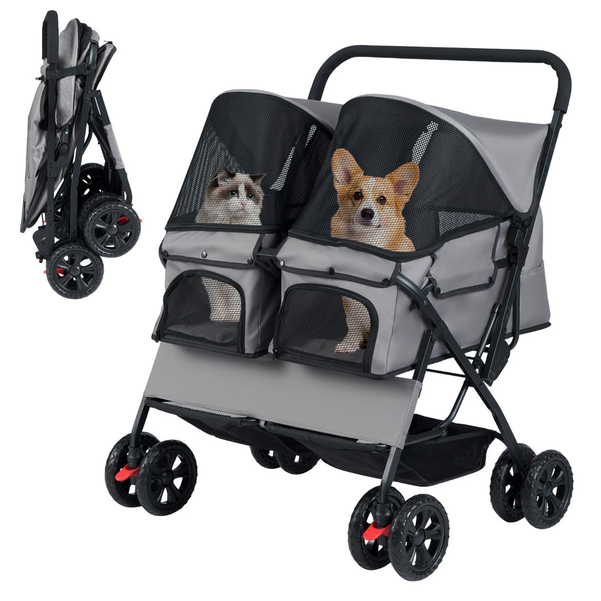 Double Pet Stroller Foldable Twin Dog Walk Jogger with 2-seater Carrier-Grey