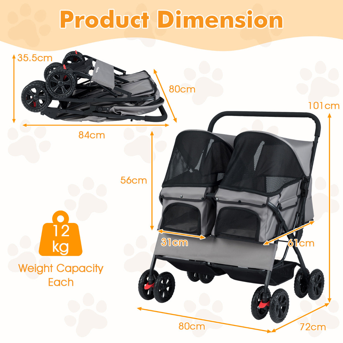 Double Pet Stroller Foldable Twin Dog Walk Jogger with 2-seater Carrier-Grey