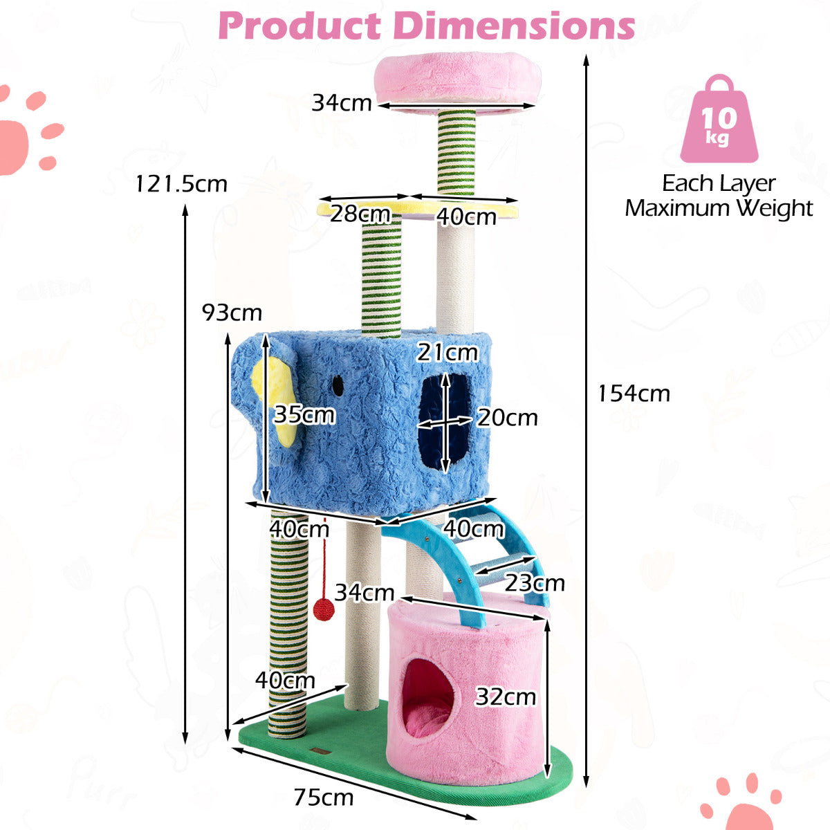 Elephant Themed Cat Tree for Cats with Condos and Padded Perch-Colourful