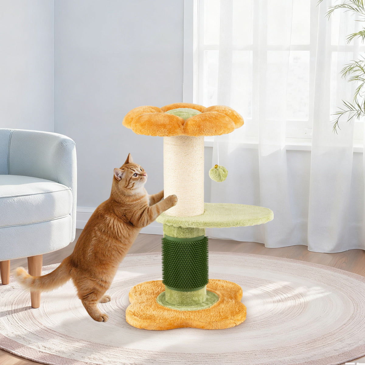 Flower Cat Tree 69 CM Tall Kitten Tower with Hanging Ball-Yellow