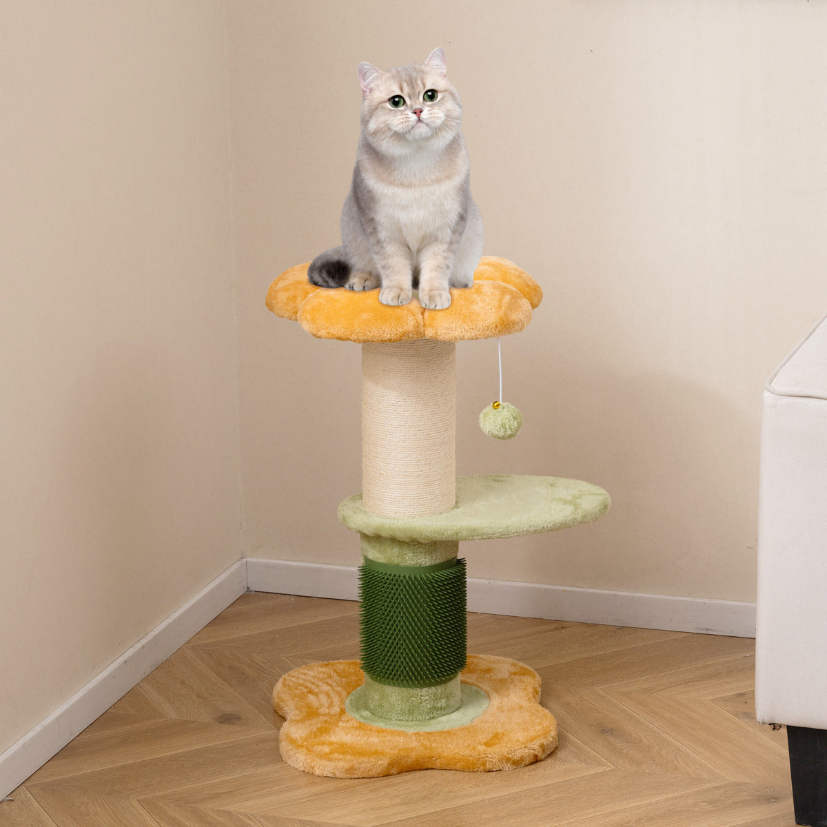 Flower Cat Tree 69 CM Tall Kitten Tower with Hanging Ball-Yellow