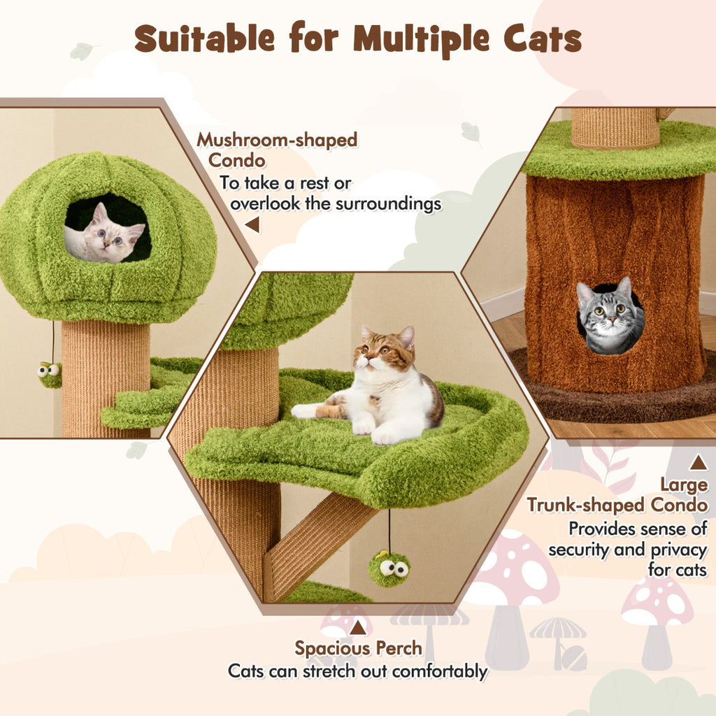 148 CM Mushroom Cat Tree with 2 Cute Condos for Indoor Cats-Green