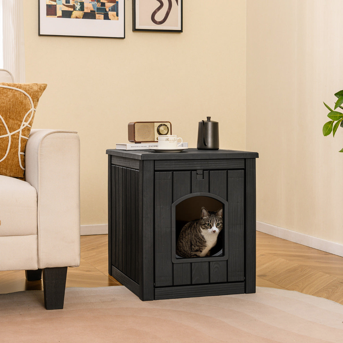 Indoor Outdoor Cat House with Flip Front Door and Raised Floor-Black