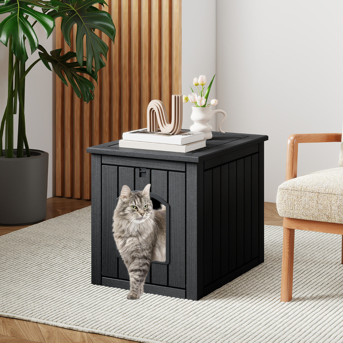 Indoor Outdoor Cat House with Flip Front Door and Raised Floor-Black