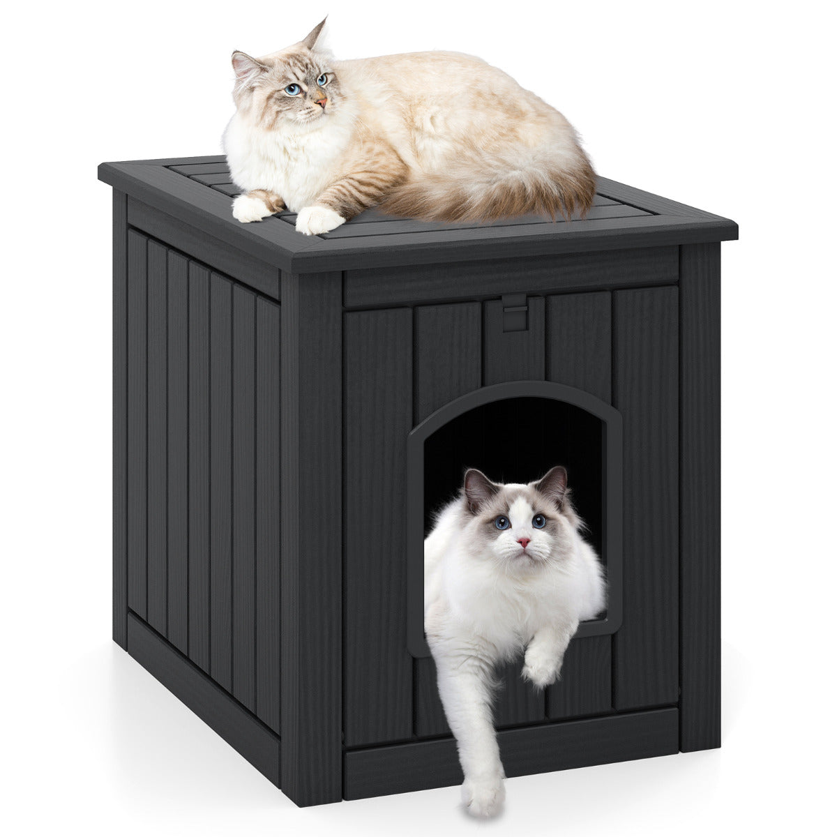 Indoor Outdoor Cat House with Flip Front Door and Raised Floor-Black