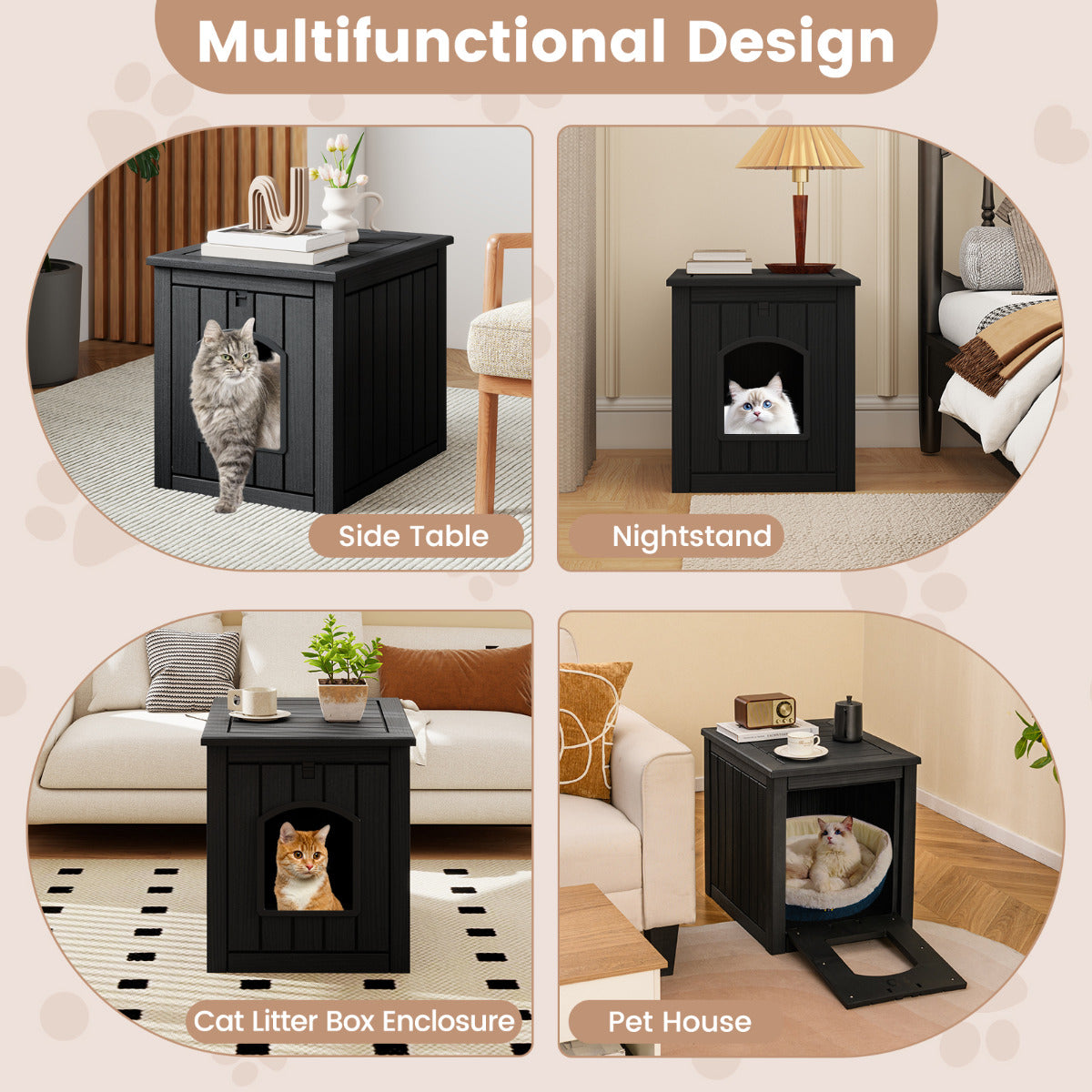 Indoor Outdoor Cat House with Flip Front Door and Raised Floor-Black