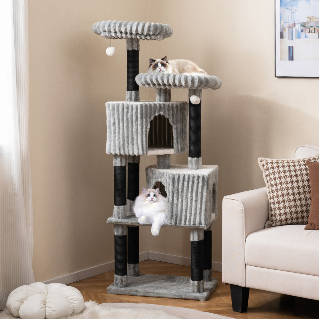 156 cm Large Multi-level Cat Tree with 2 Condos-Light Grey