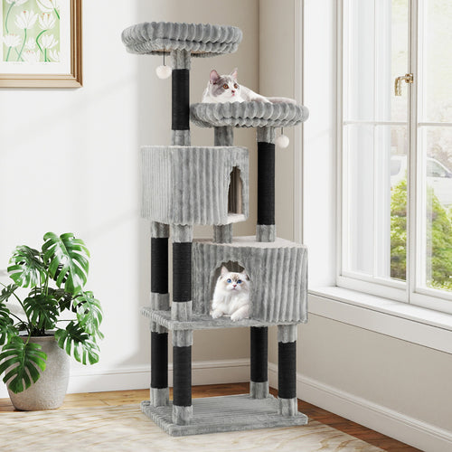 156 cm Large Multi-level Cat Tree with 2 Condos-Light Grey
