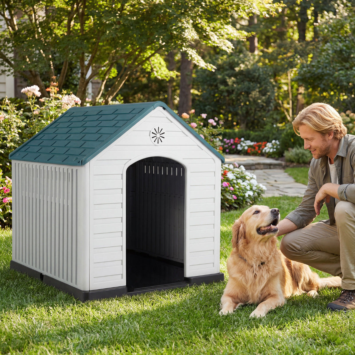 Large Plastic Dog House Waterproof Pet Shelter with Air Vents-Dark Blue