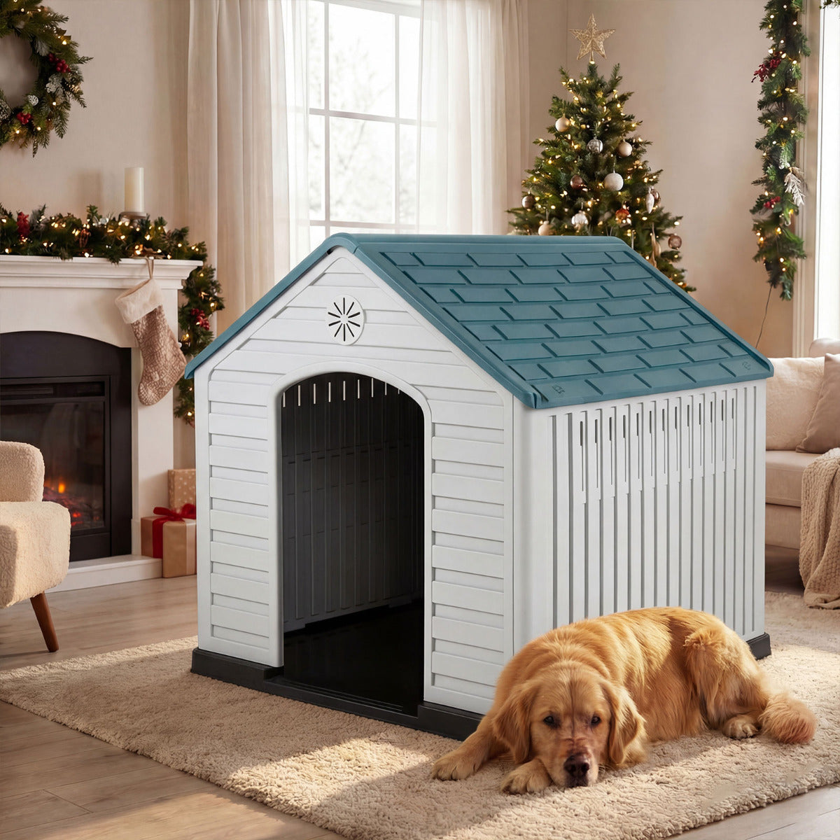 Large Plastic Dog House Waterproof Pet Shelter with Air Vents-Dark Blue