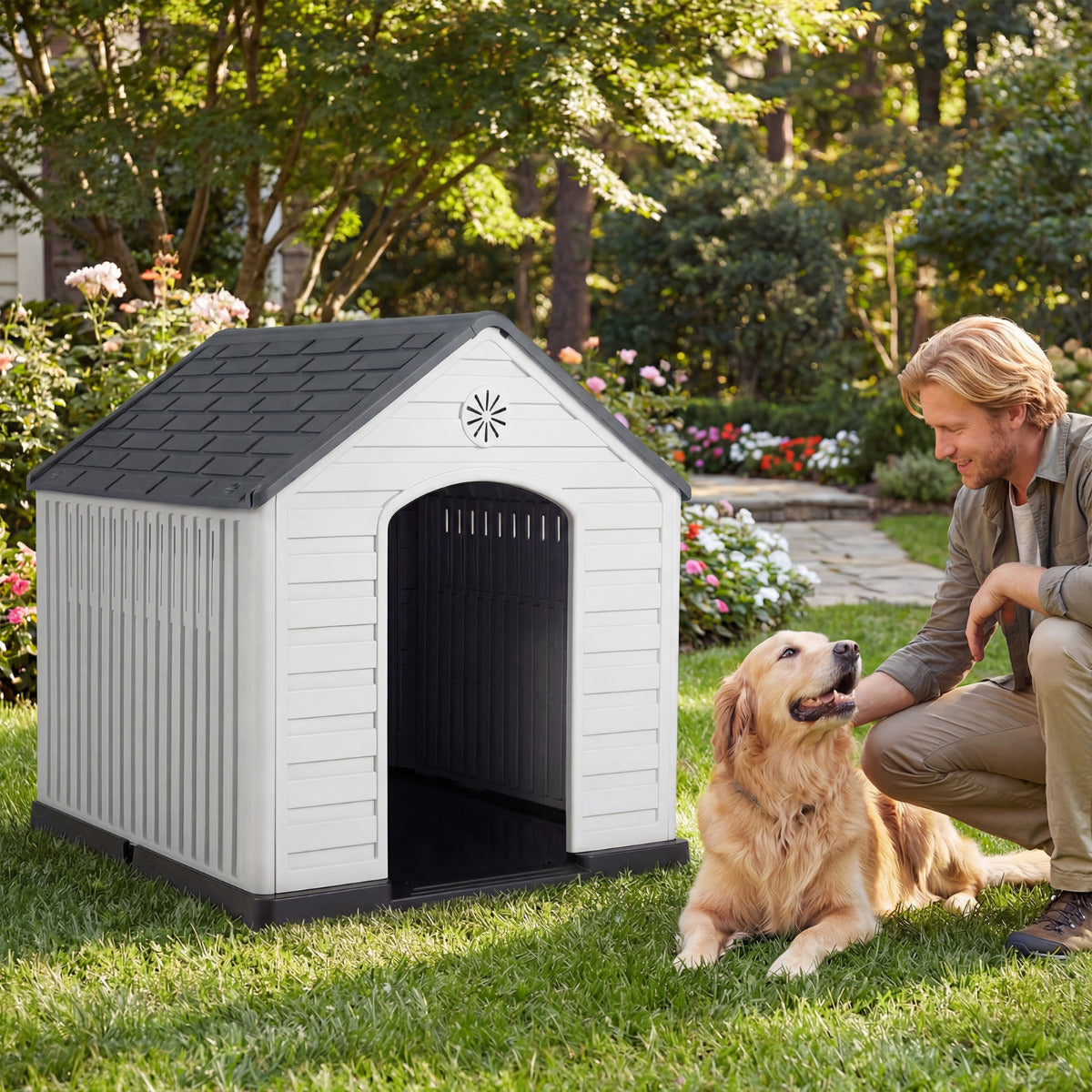 Large Plastic Dog House Waterproof Pet Shelter with Air Vents-Grey