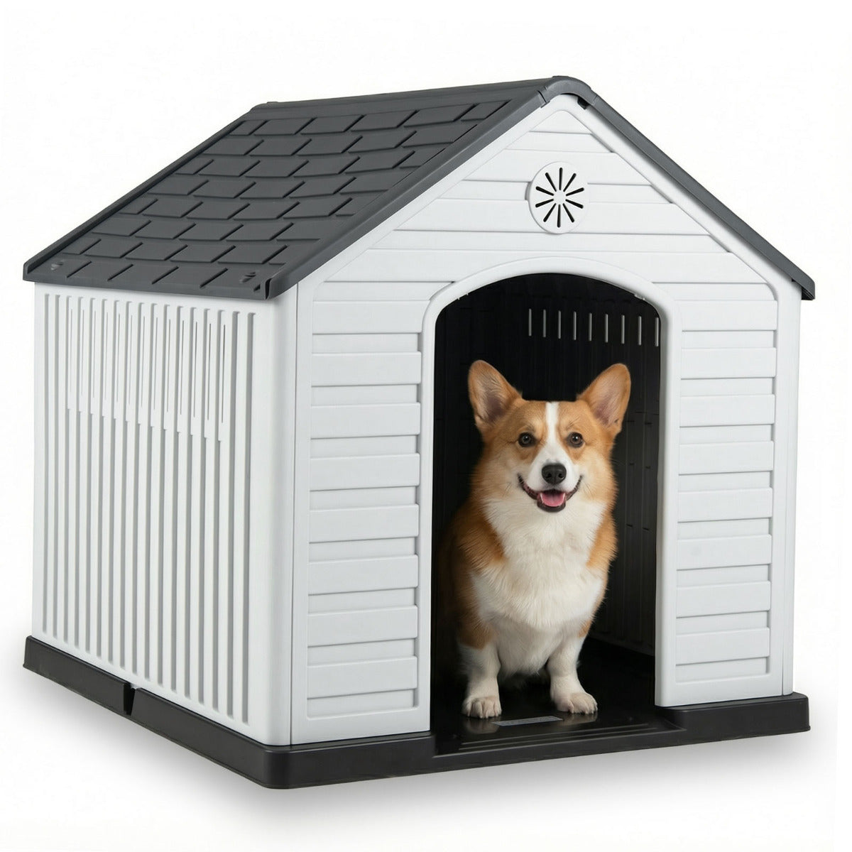 Large Plastic Dog House Waterproof Pet Shelter with Air Vents-Grey