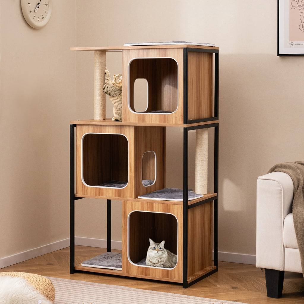 Modern Cat Tree with Metal Frame and Padded Top Perch for Indoor Kittens-Natural
