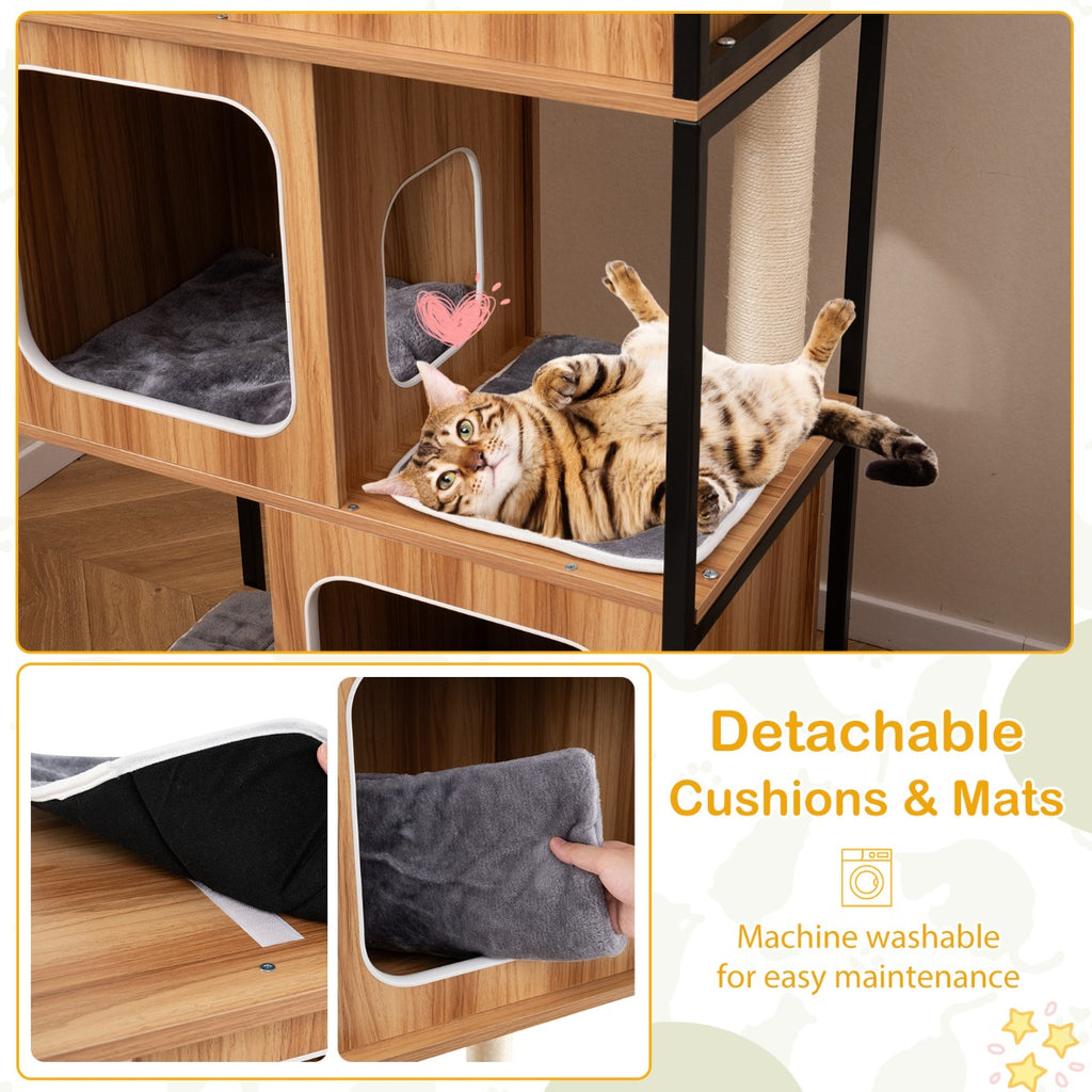 Modern Cat Tree with Metal Frame and Padded Top Perch for Indoor Kittens-Natural