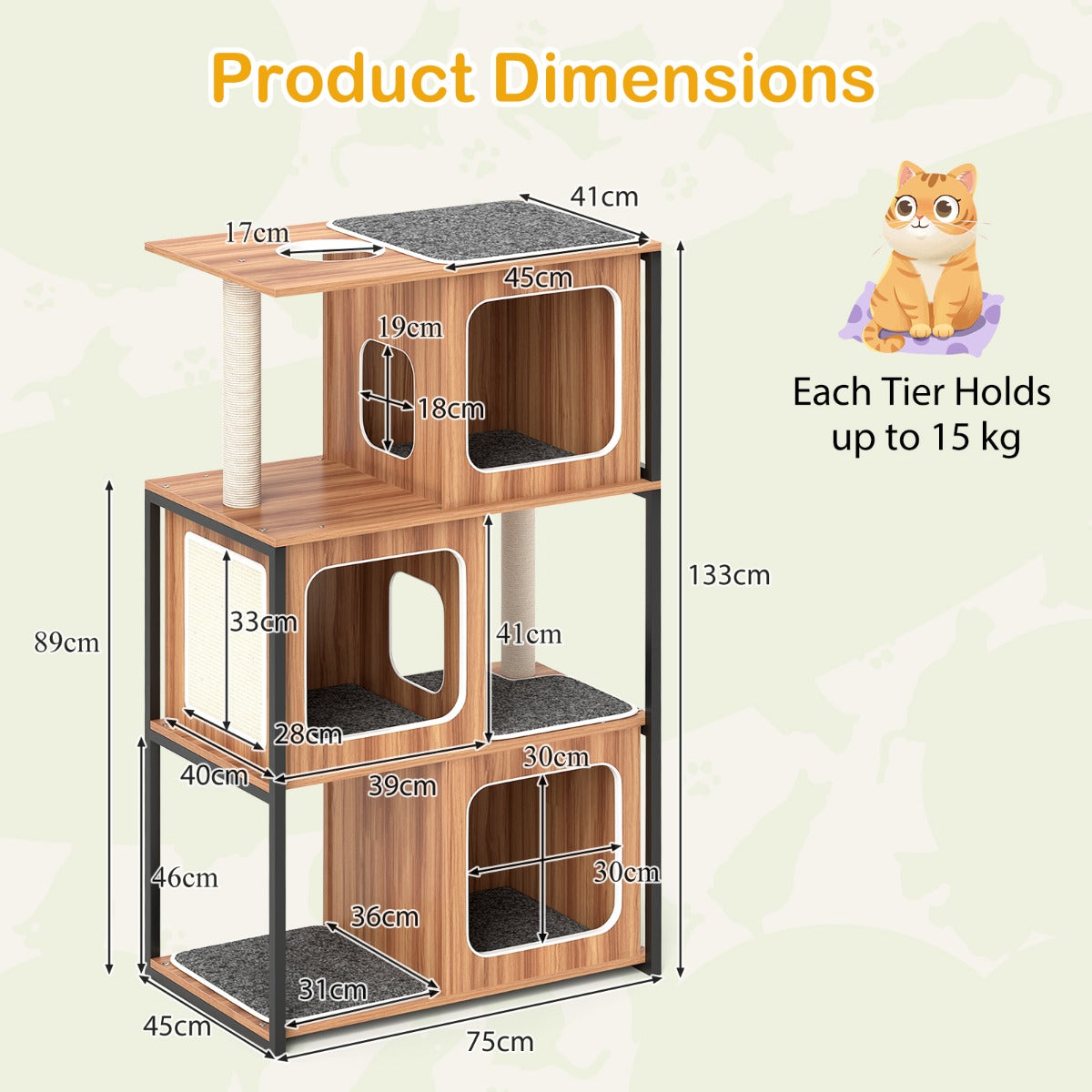 Modern Cat Tree with Metal Frame and Padded Top Perch for Indoor Kittens-Natural