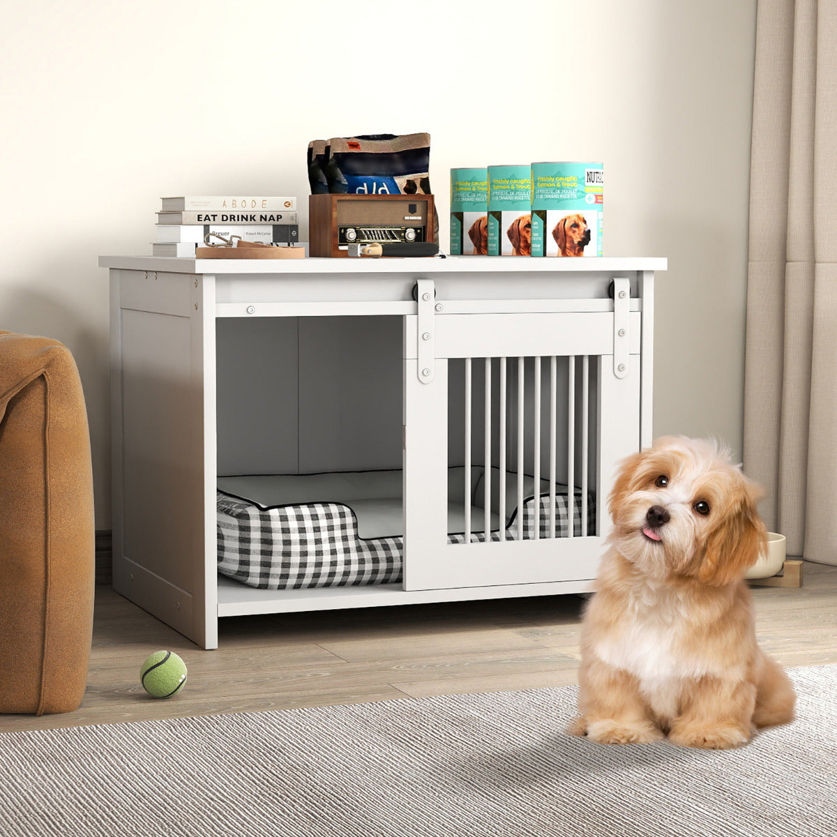 Modern Dog Crate Wooden Dog Cage with Wide Tabletop and Door-White
