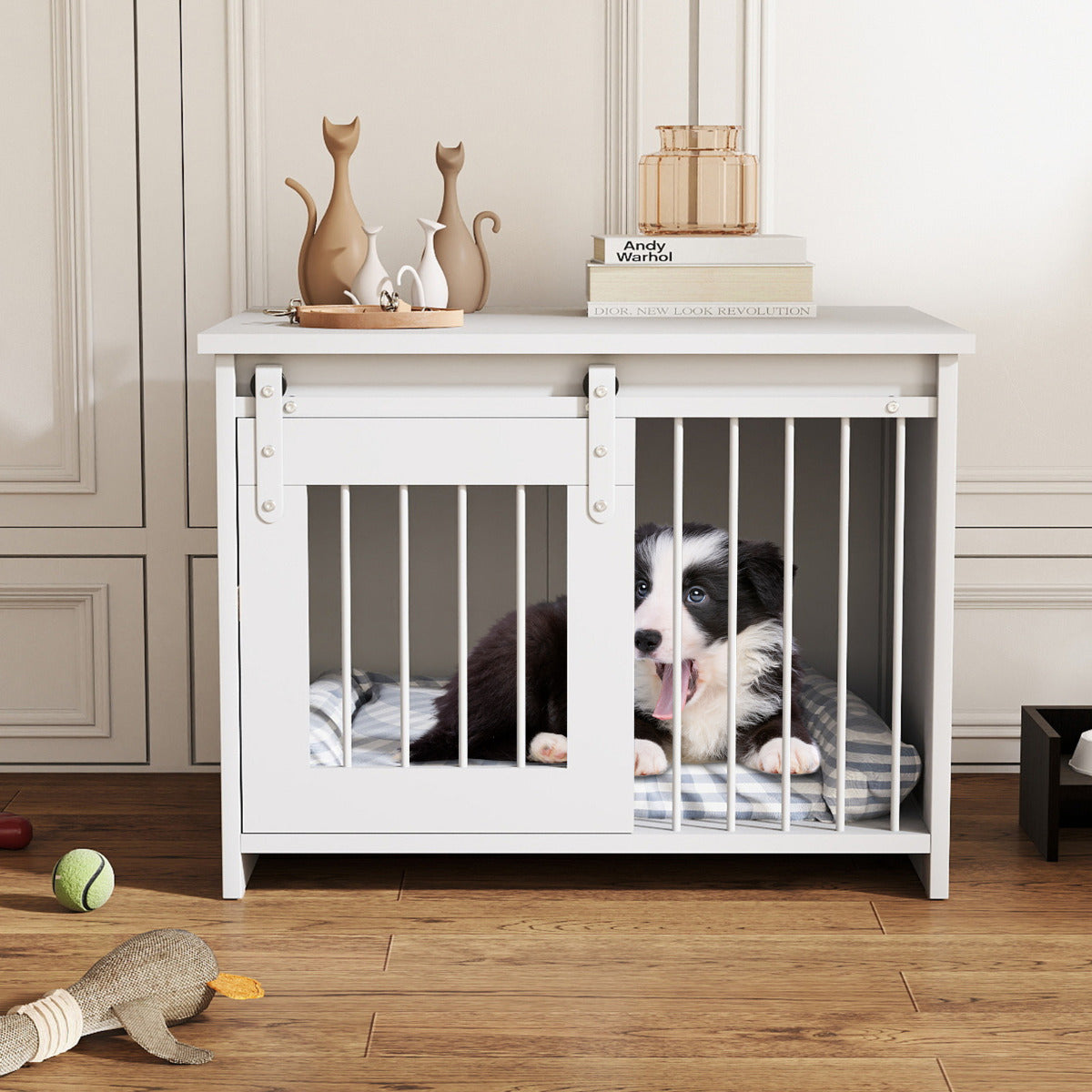 Modern Dog Crate Wooden Dog Cage with Wide Tabletop and Door-White