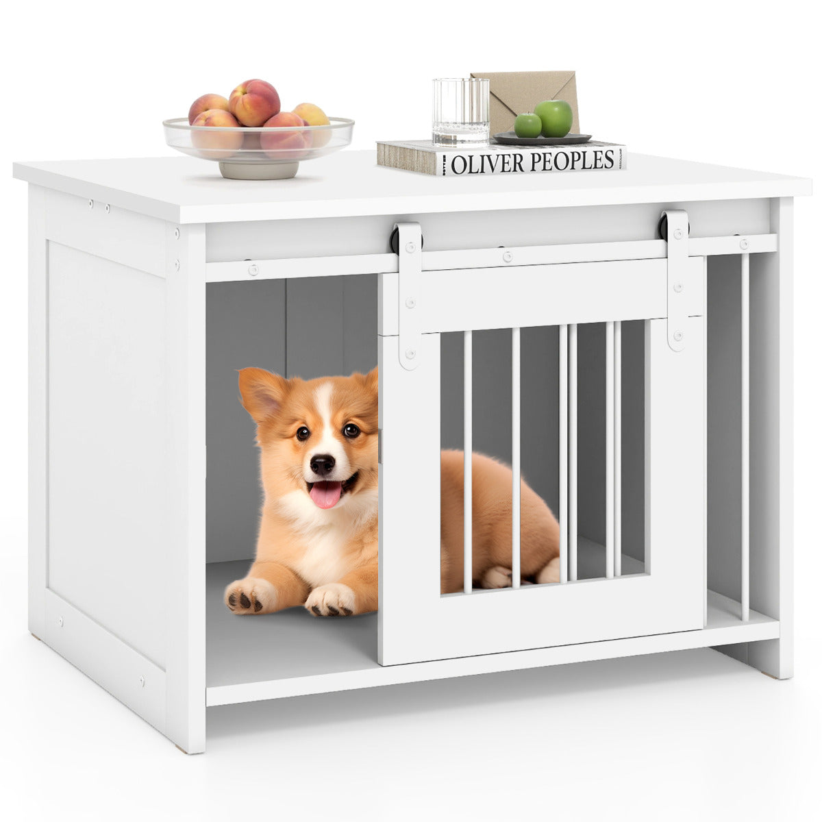 Modern Dog Crate Wooden Dog Cage with Wide Tabletop and Door-White