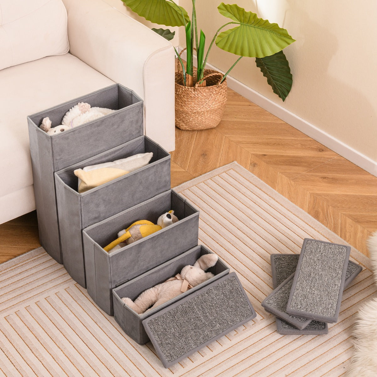 4-Step Non-slip Foldable Dog Stairs  with Adjustable Steps-Grey