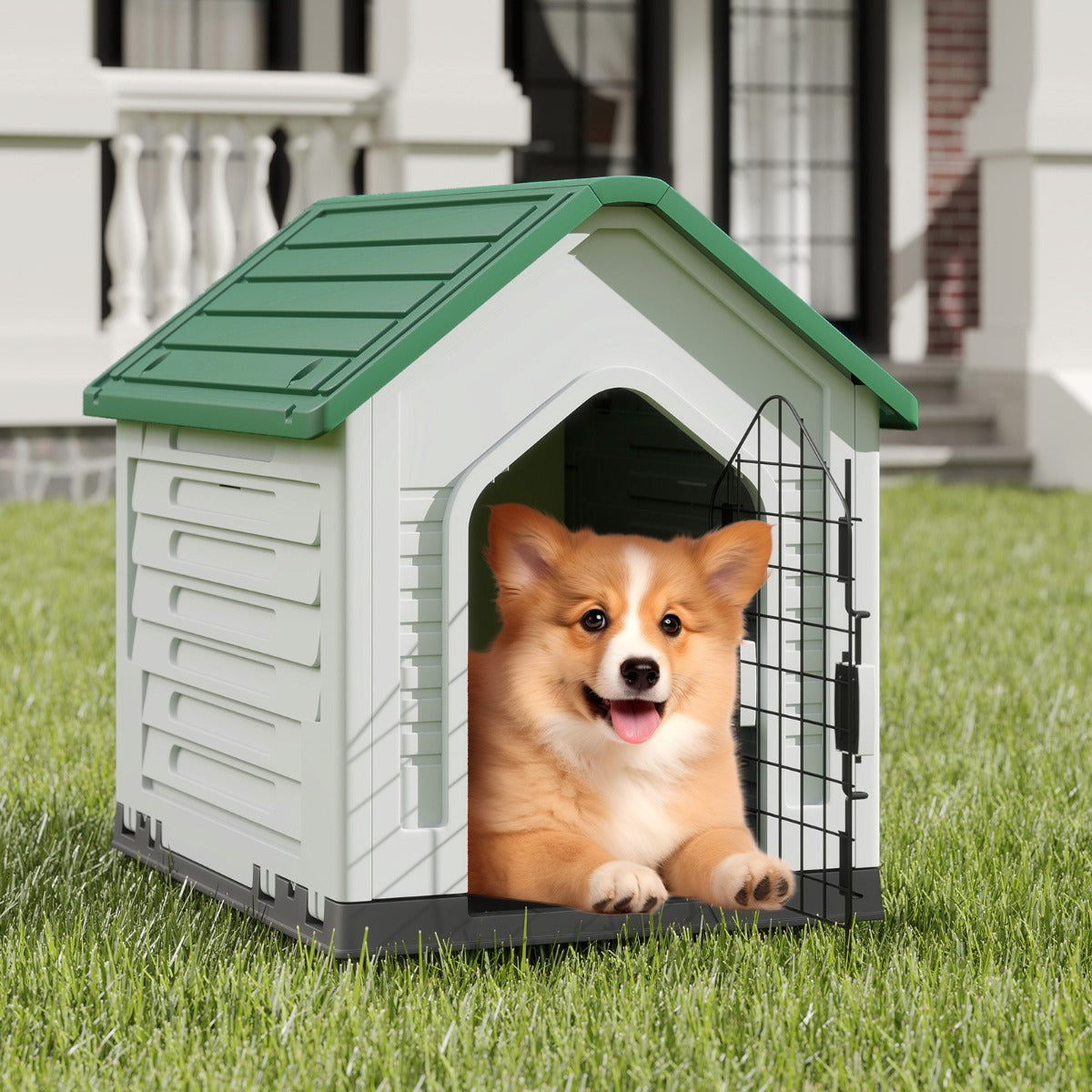 Plastic Dog House with Metal Lockable Door and Air Vents-Green