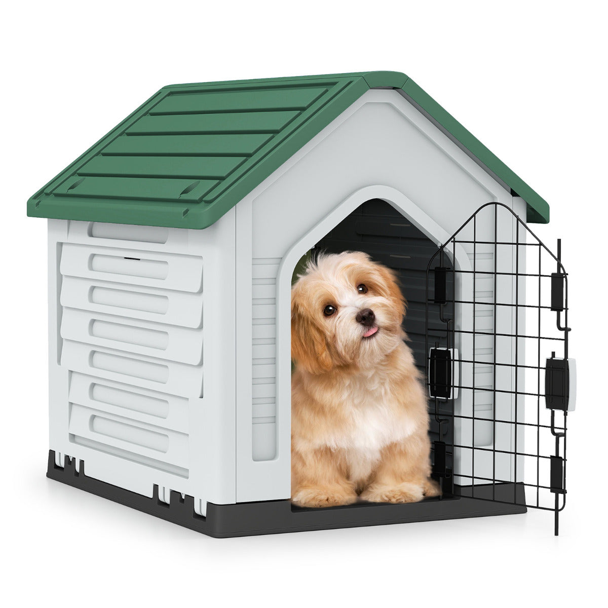 Plastic Dog House with Metal Lockable Door and Air Vents-Green
