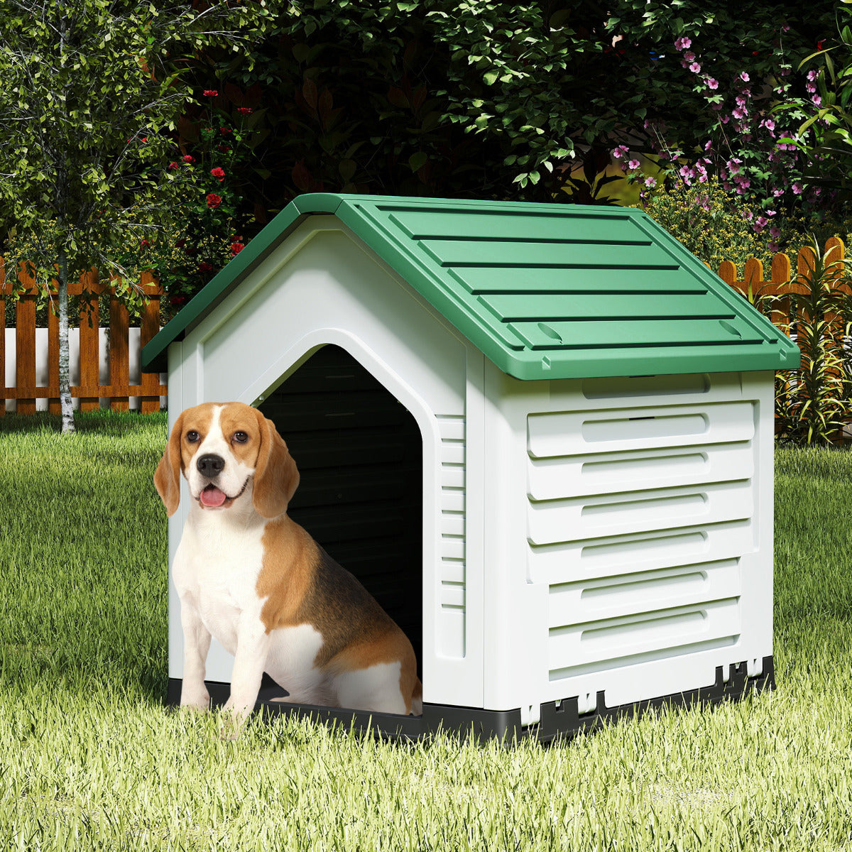 Plastic Dog House with Metal Lockable Door and Air Vents-Green