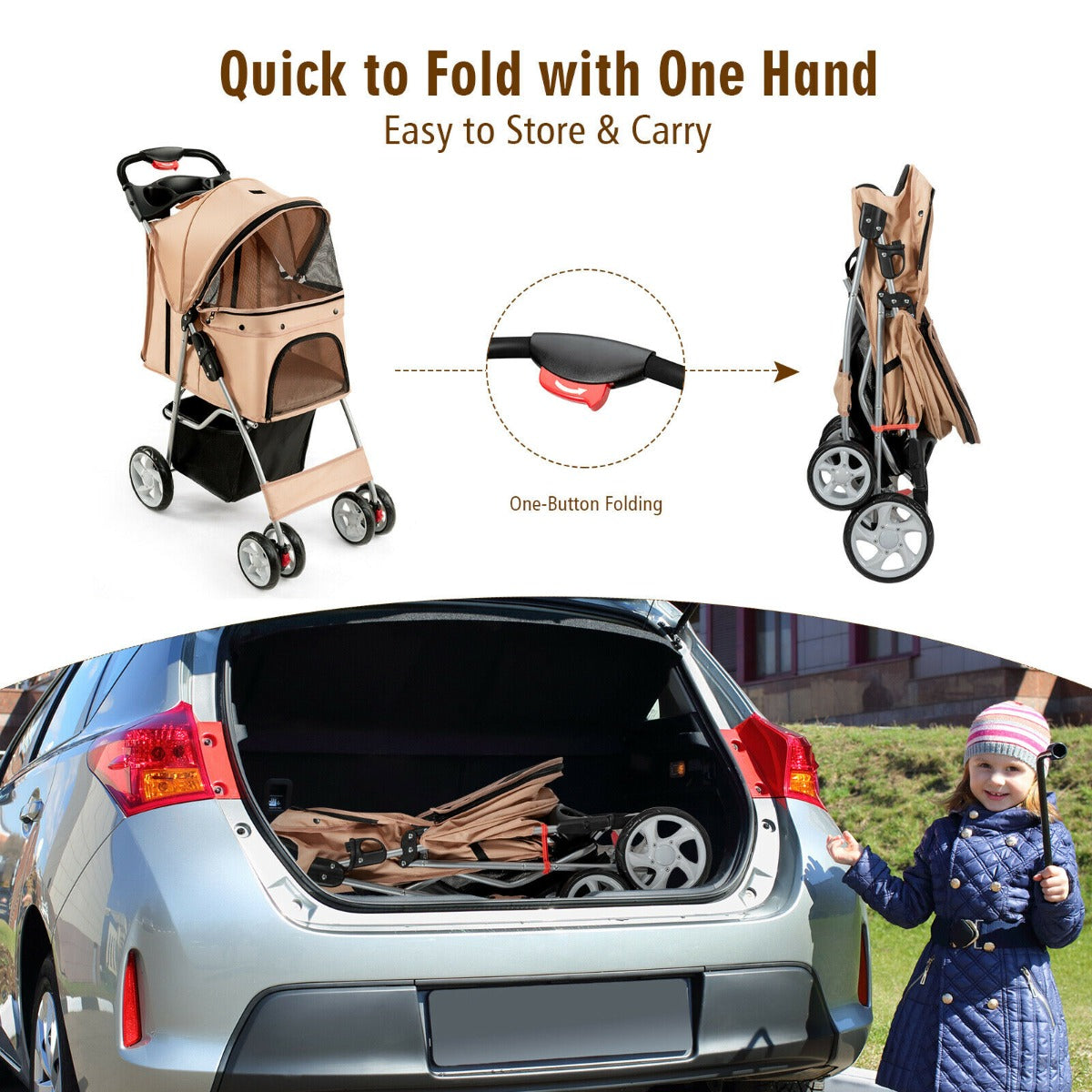 4-Wheel Folding Pet Stroller with Storage Basket and Adjustable Canopy-Beige