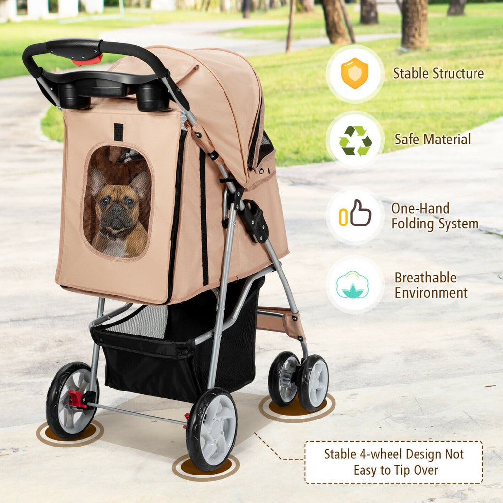 4-Wheel Folding Pet Stroller with Storage Basket and Adjustable Canopy-Beige