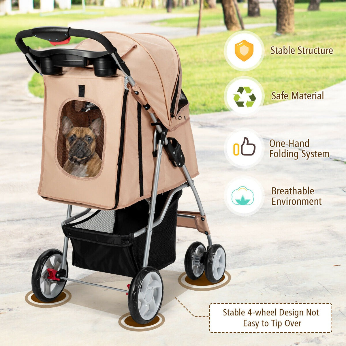 4-Wheel Folding Pet Stroller with Storage Basket and Adjustable Canopy-Beige