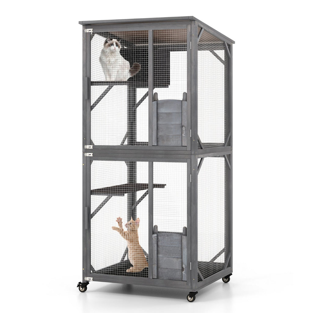 182 cm Tall Outdoor Catio Kitten Enclosure with Weatherproof Asphalt Roof-Grey