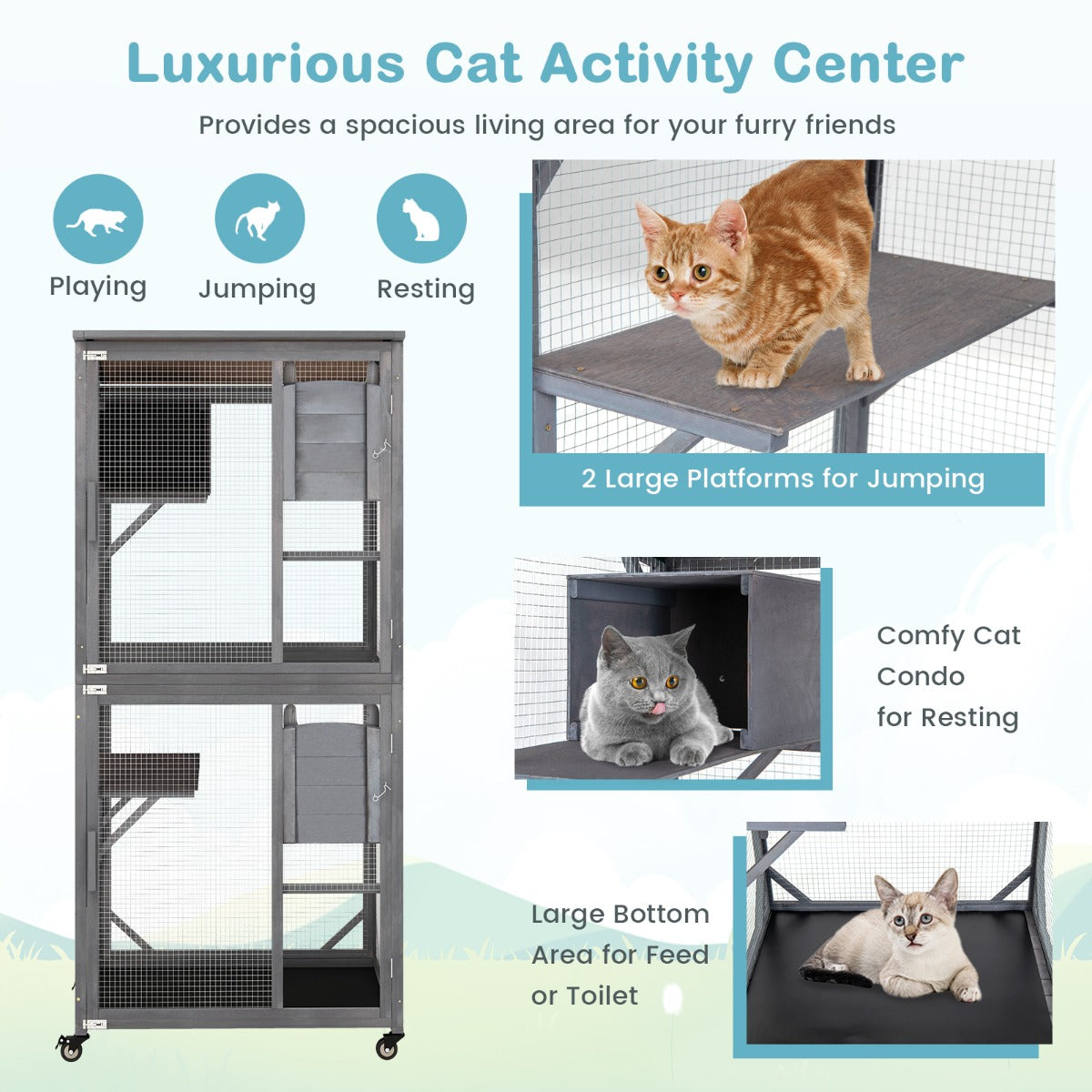 182 cm Tall Outdoor Catio Kitten Enclosure with Weatherproof Asphalt Roof-Grey