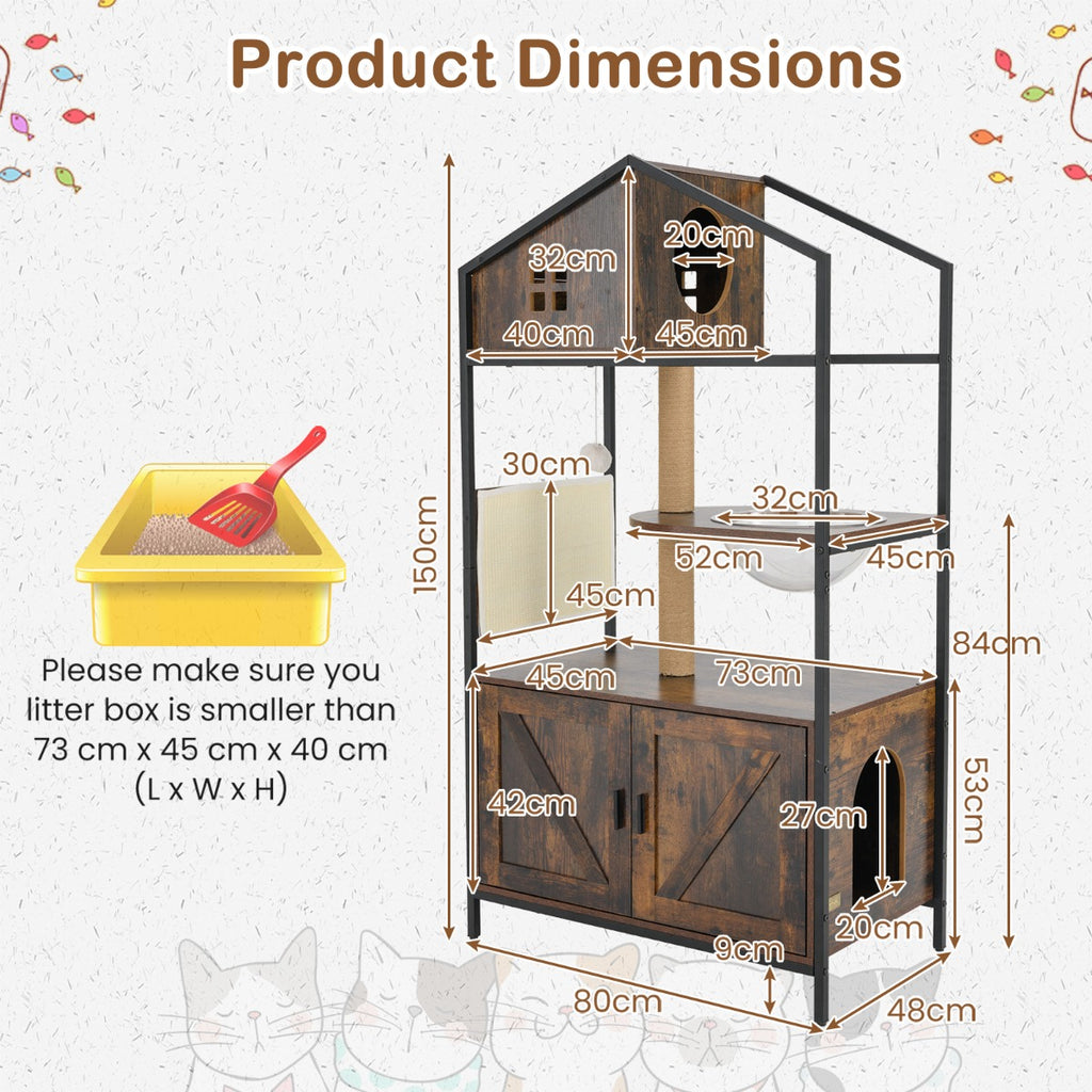 150CM Cat Tree with Litter Box Enclosure-Rustic Brown