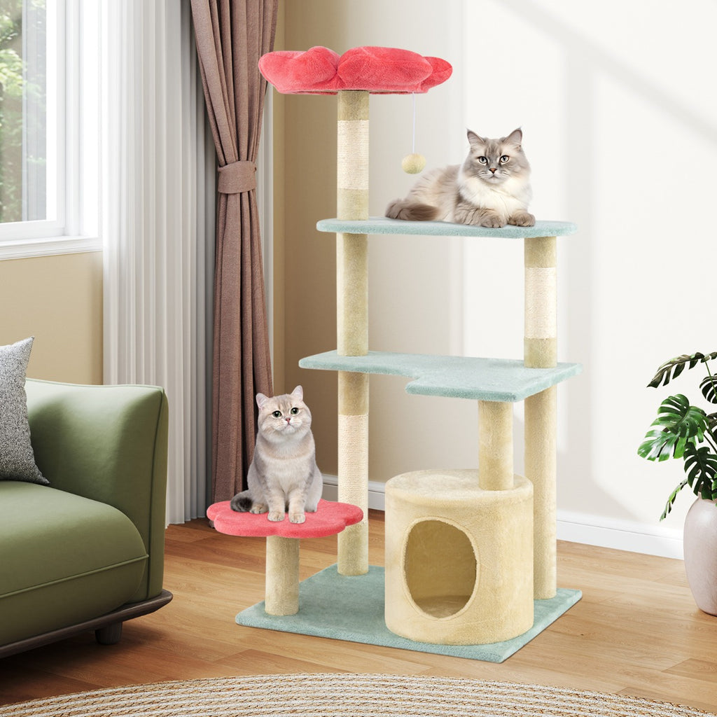Multi-Level Aesthetic Floral Kitten Tower with Flower-Shaped Plush Padded Perch-Red