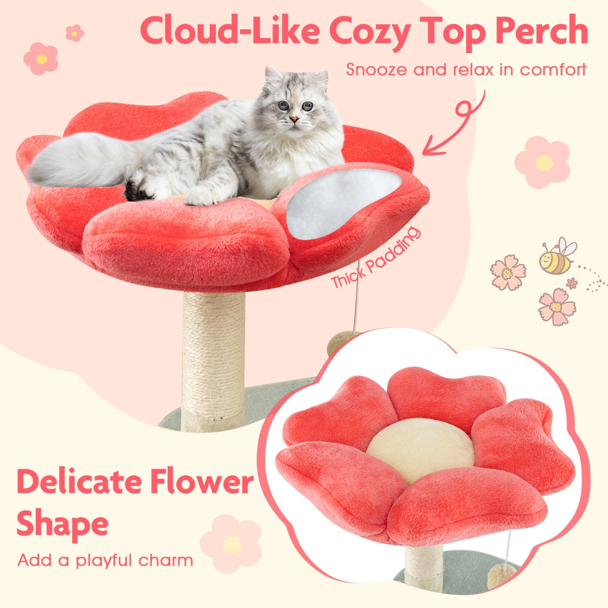 Multi-Level Aesthetic Floral Kitten Tower with Flower-Shaped Plush Padded Perch-Red