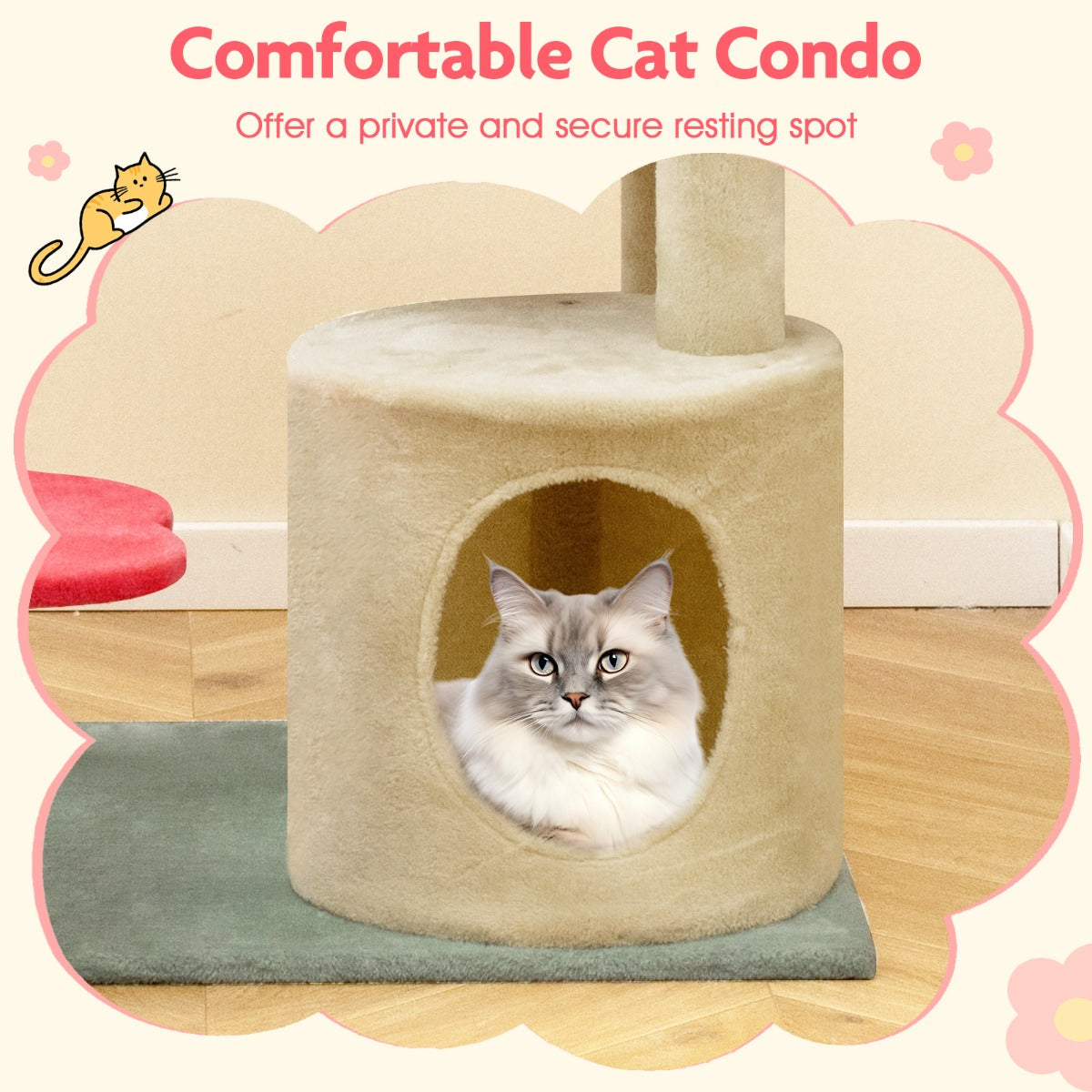 Multi-Level Aesthetic Floral Kitten Tower with Flower-Shaped Plush Padded Perch-Red