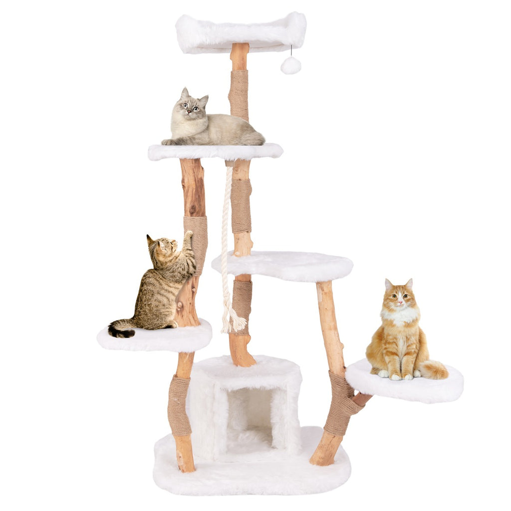 168 cm Tall Solid Wood Cat Tree with Perch Condo and Jute Scratching Posts-White